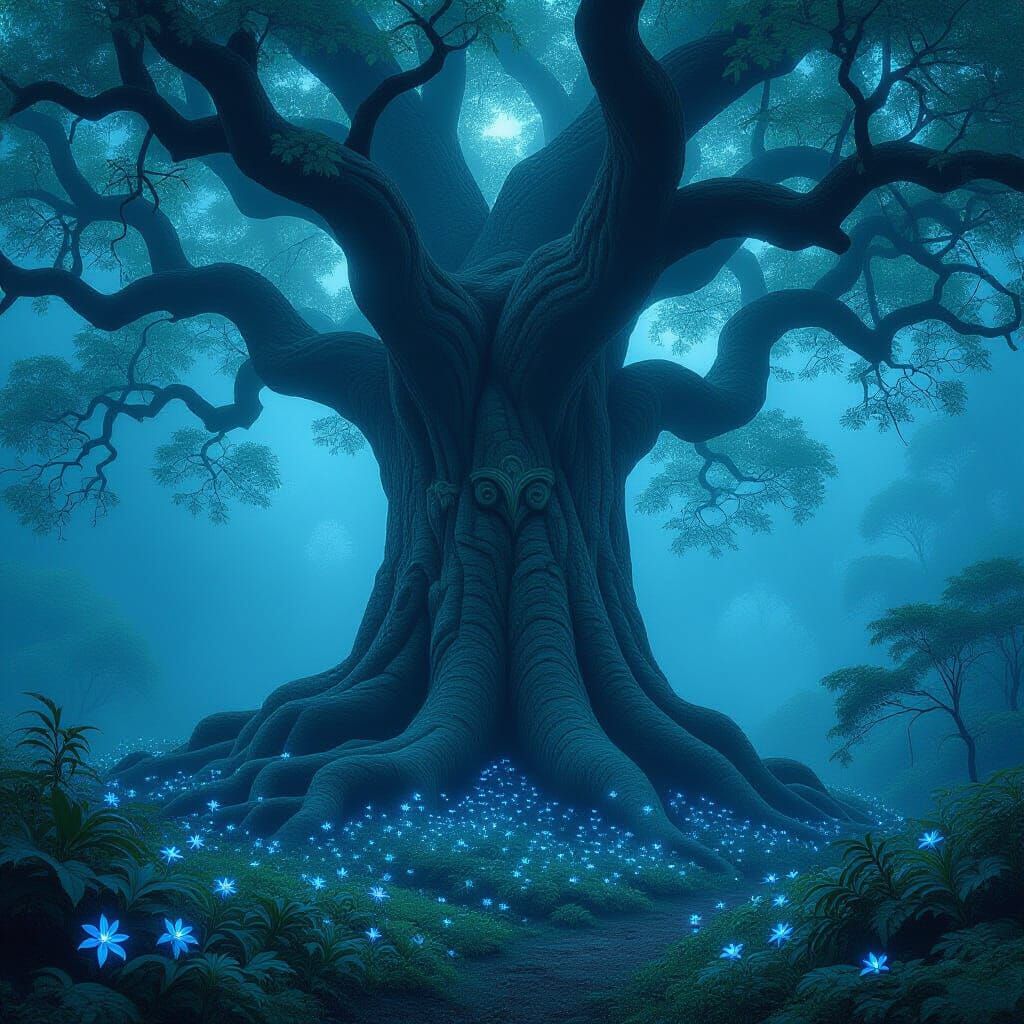 Bioluminescent Tree in Hidden Grove, Digital Art