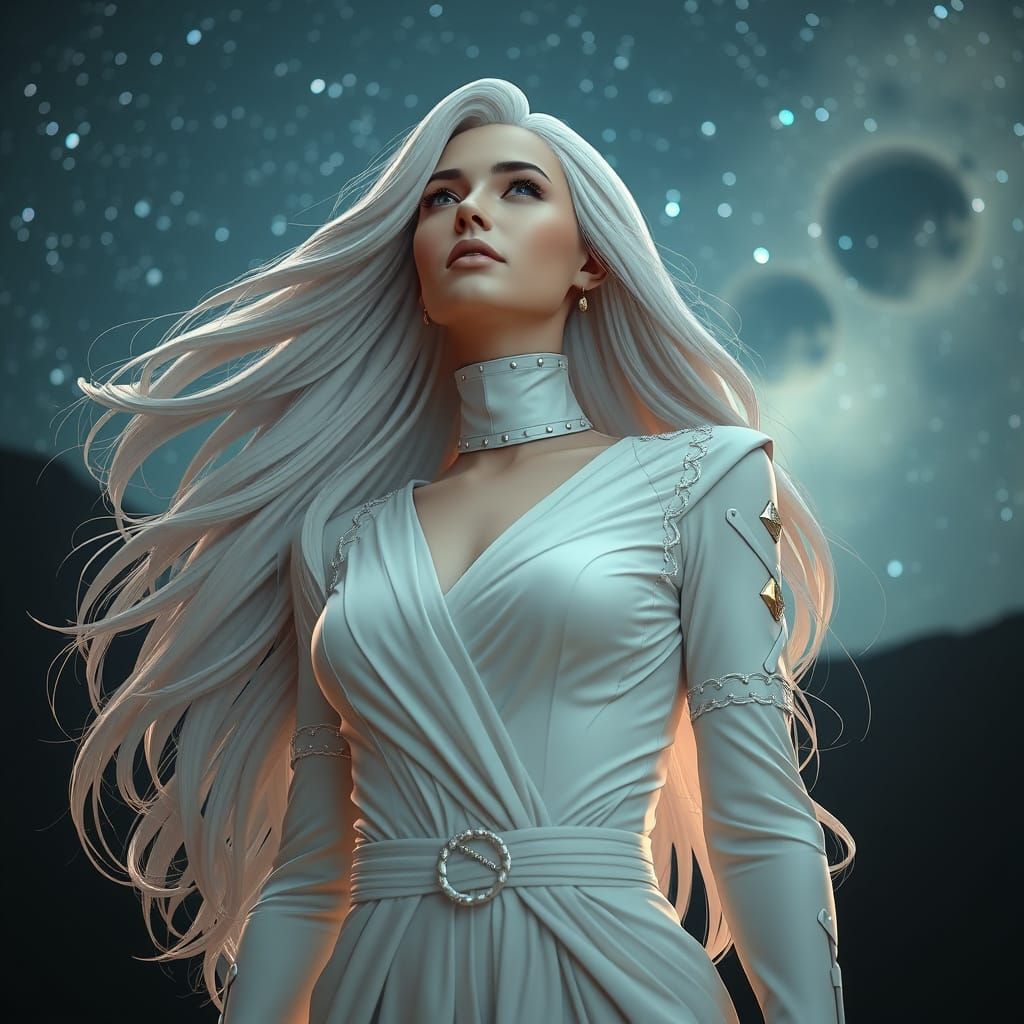 Cyborg Woman Symbolizing Peace Under Starry Night