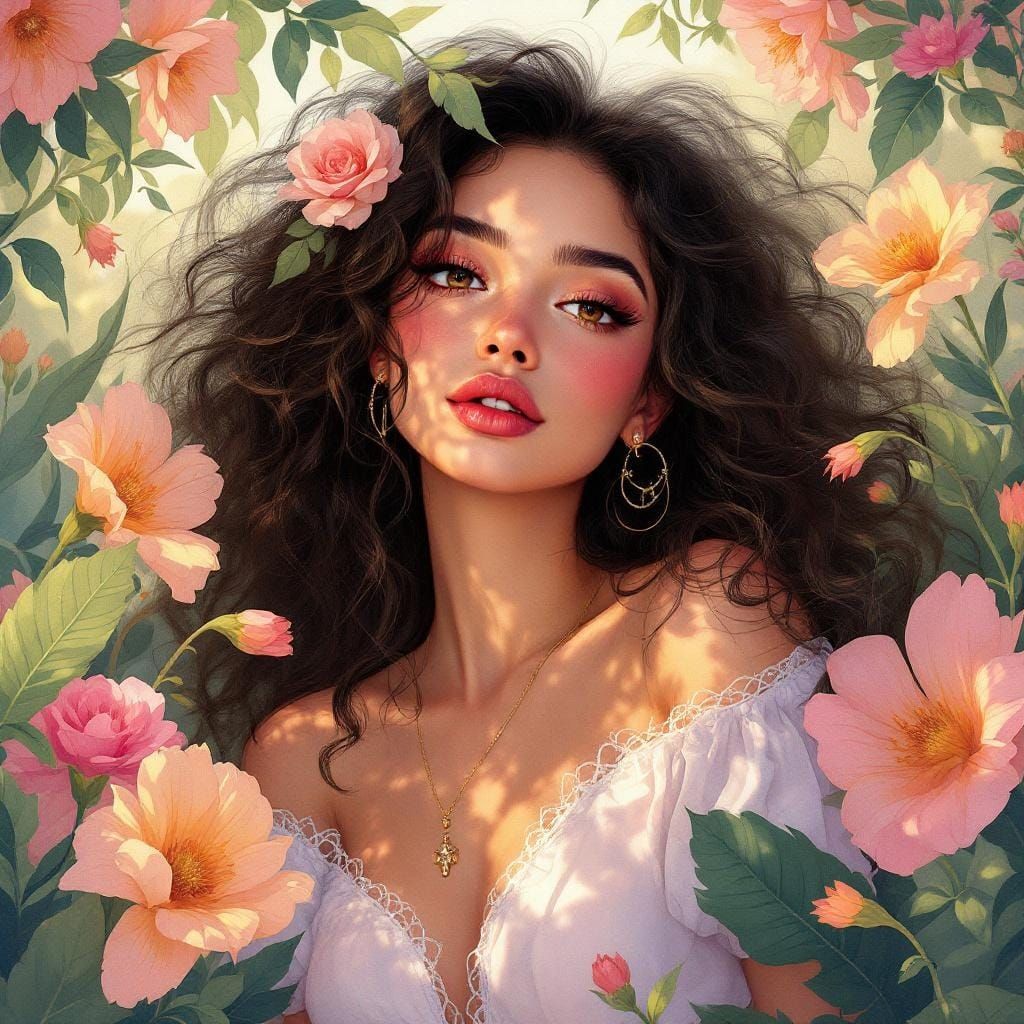 Whimsical Woman Surrounded by Flowers in Dreamy Style