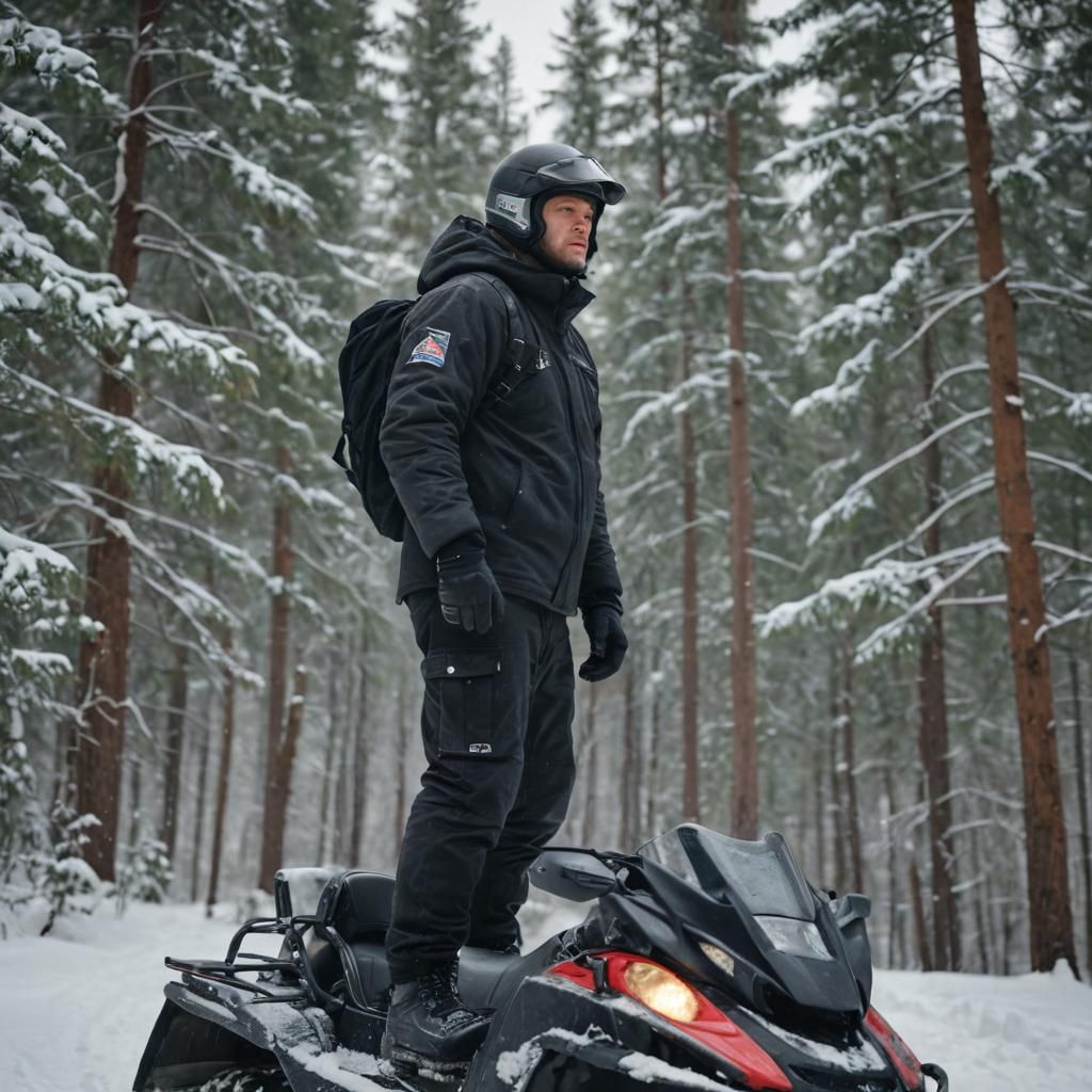 Confident Slavic Man on Snowmobile in Winter Landscape