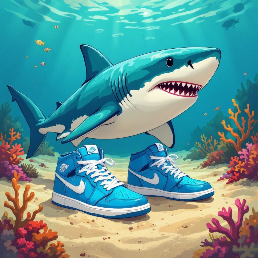Shark in Blue Sneakers, Whimsical Pop Surrealism