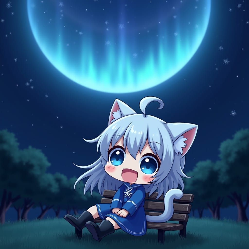Whimsical Chibi Catgirl Under the Aurora Borealis