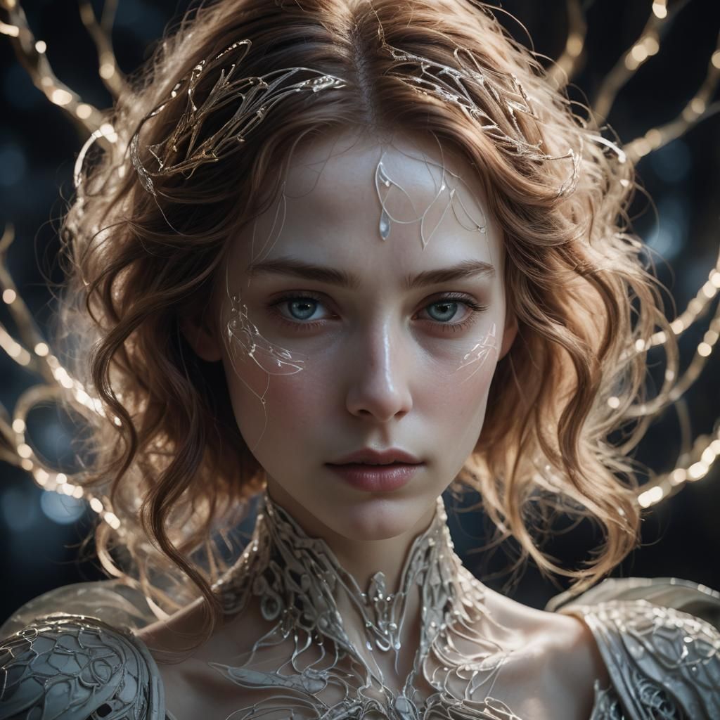 Ethereal Woman with Glowing Lines in Art Nouveau Style