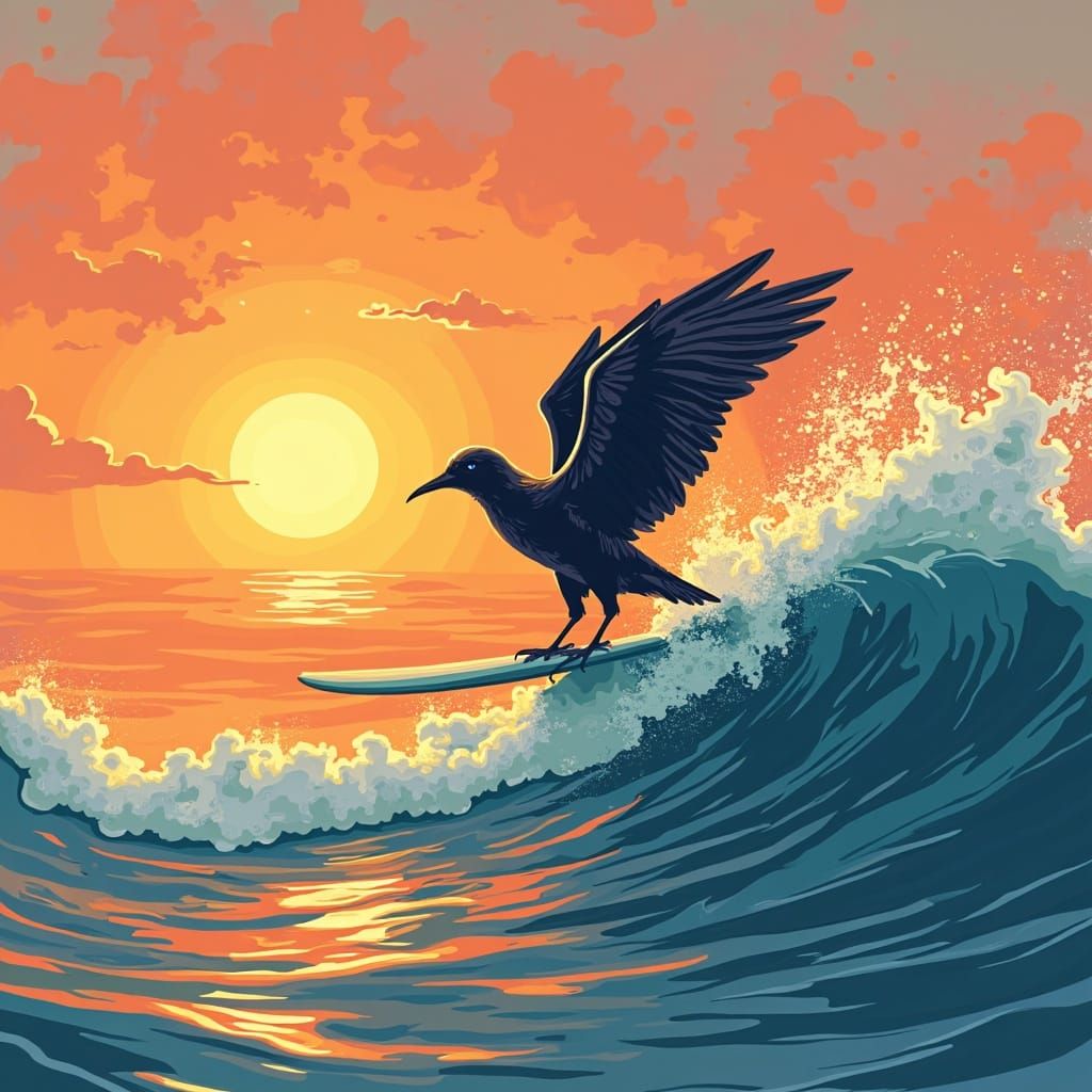 Abstract Bird Surfing Sunset Logo in Complementary Colors