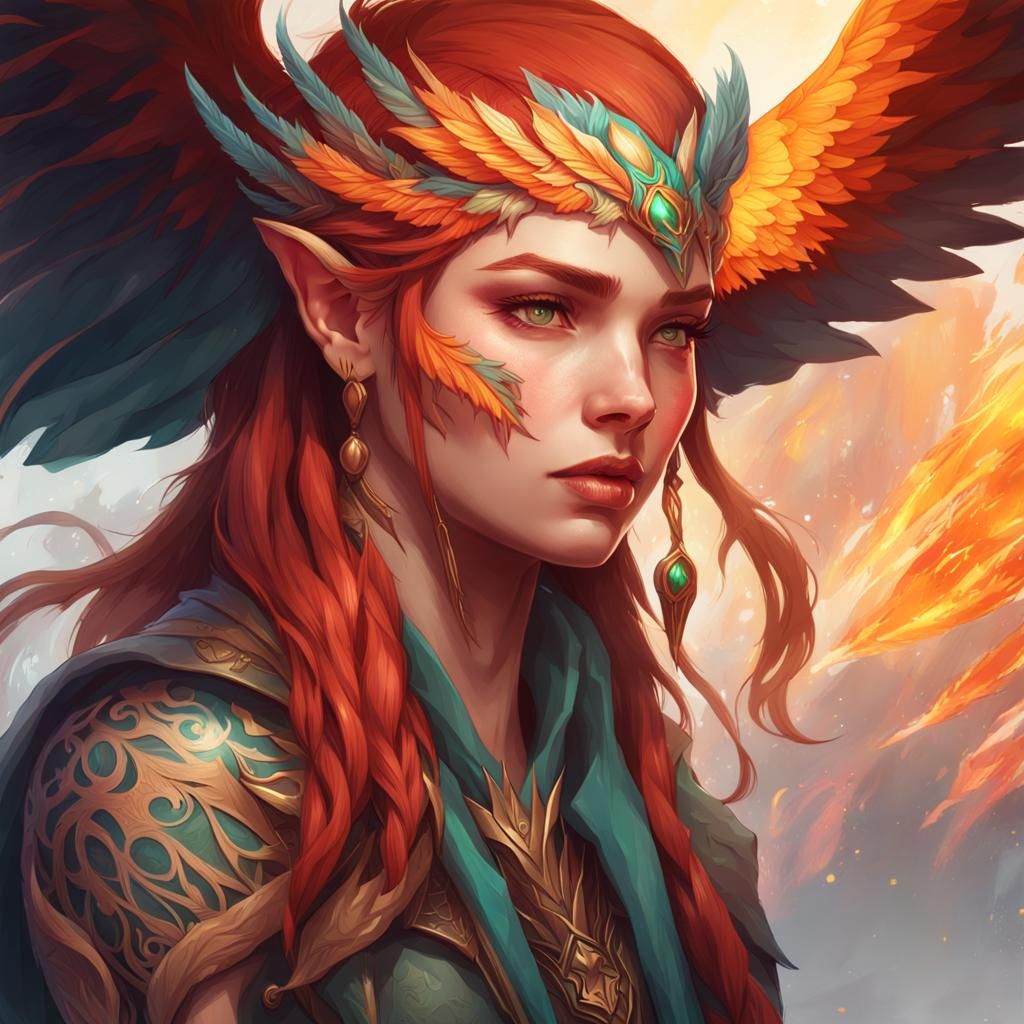 Elf Girl with Phoenix Tattoo: Detailed Portrait