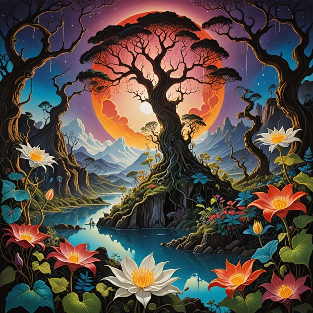 Surreal Blood Moon Illuminates Dreamlike Forest Scene