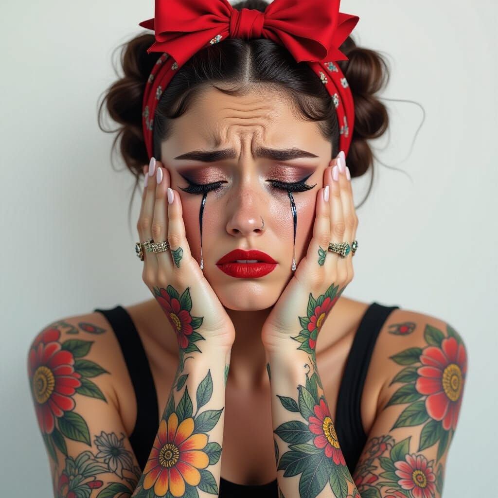 Expressive Portrait of Crying Woman with Tattoos