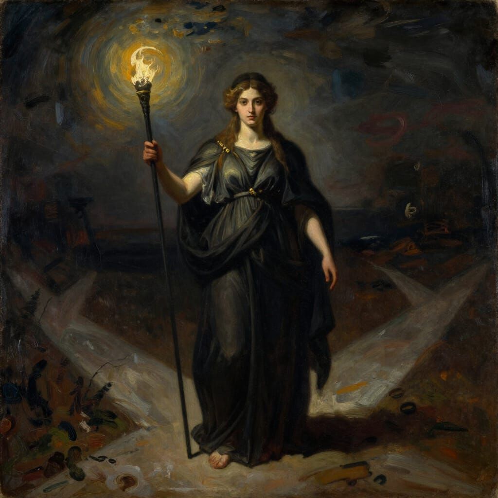 Hecate Oil Painting in Goya's Chiaroscuro Style