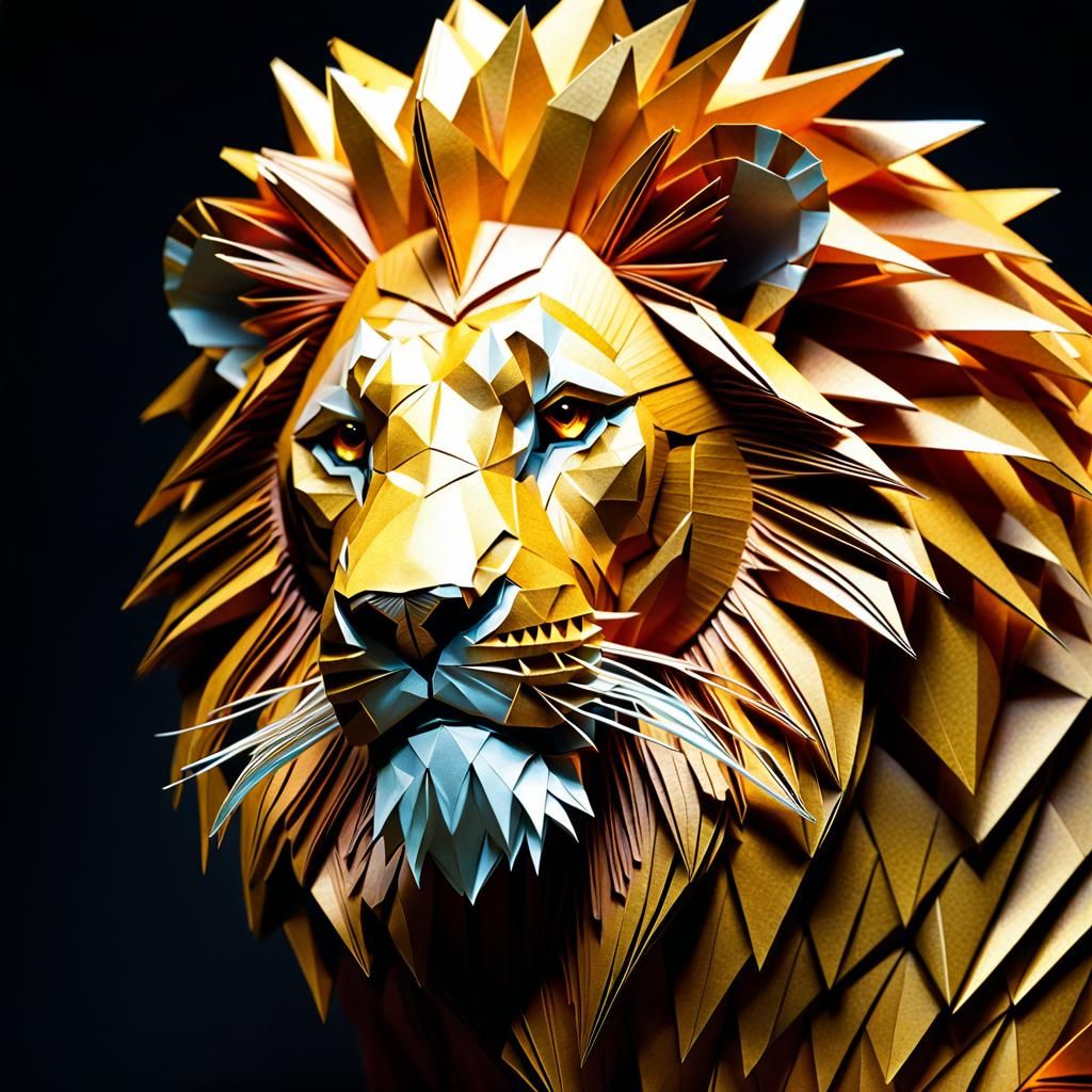 Golden Filigree Origami Lion Sculpture