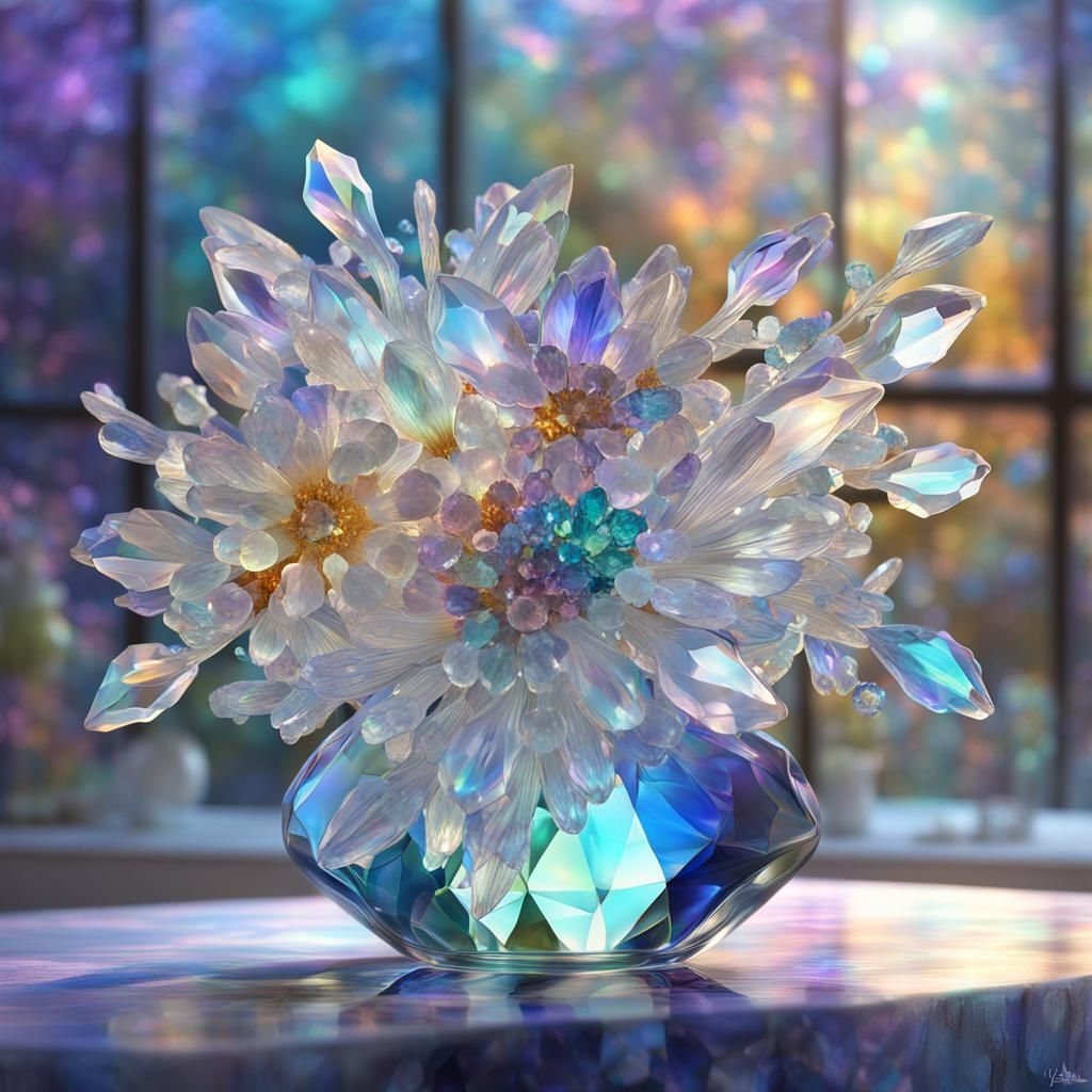 Crystal Flowers in Iridescent Vase on Quartz Table