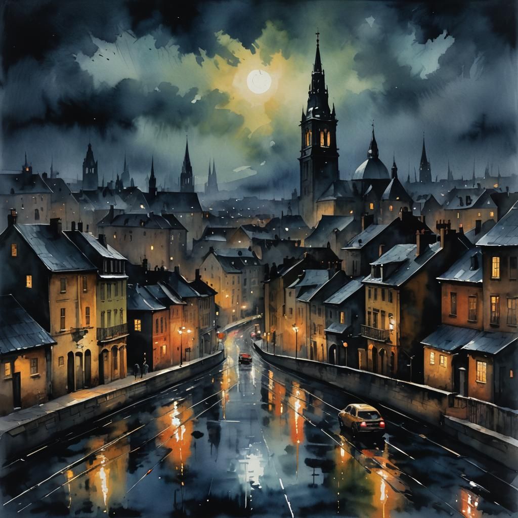 Dark and Gloomy City in Gouache Watercolor