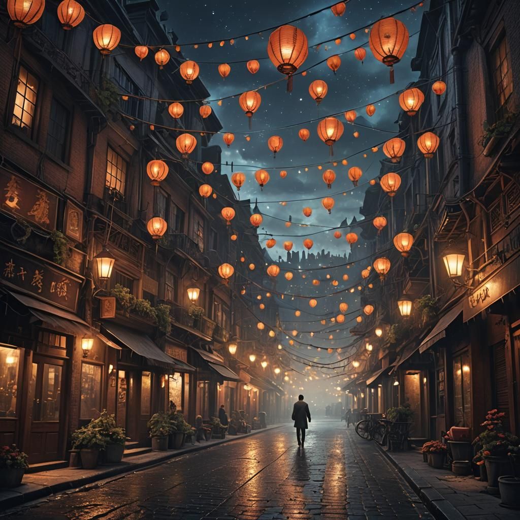 Night Street Scene with Lanterns in Digital Painting
