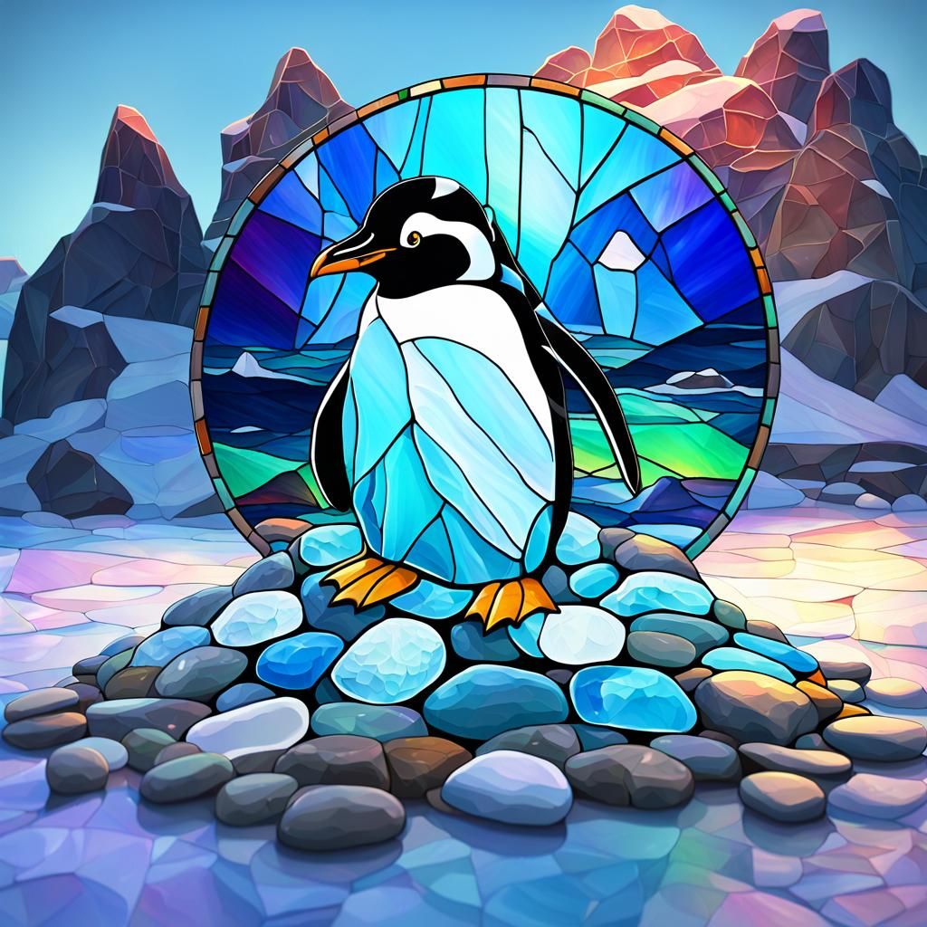 Stained Glass Penguin in Frozen Tundra