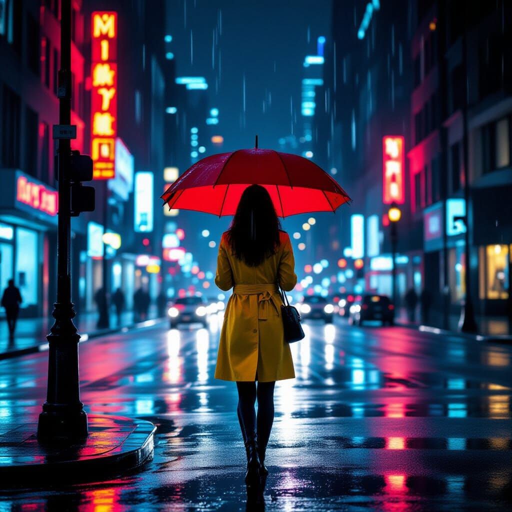 Neon Rain: Woman with Umbrella in Film Noir Style