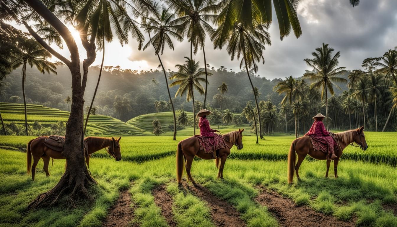 Indonesian Orchard Scene with Dayak and Sumba People