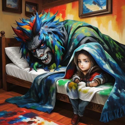 Children Hide From Monster in Colorful Splash Art