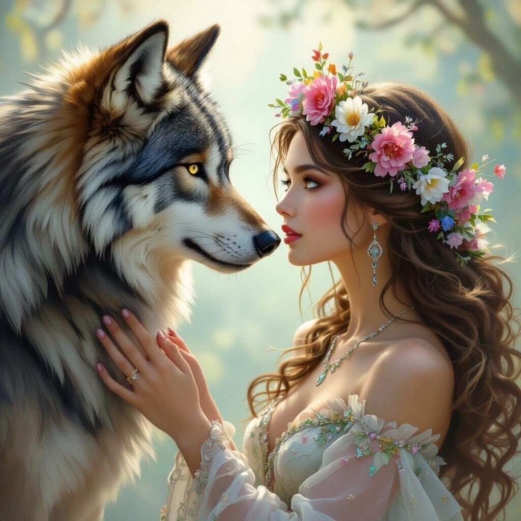 Woman and Wolf Gaze in Ethereal Fantasy Art
