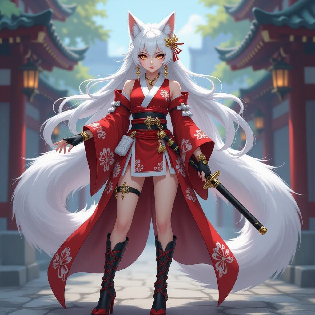 Anime Female Admiral with Kitsune Ears and Katana