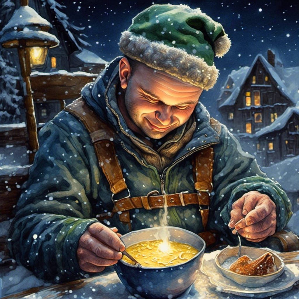 Christmas Elf with Porridge in Watercolor Style