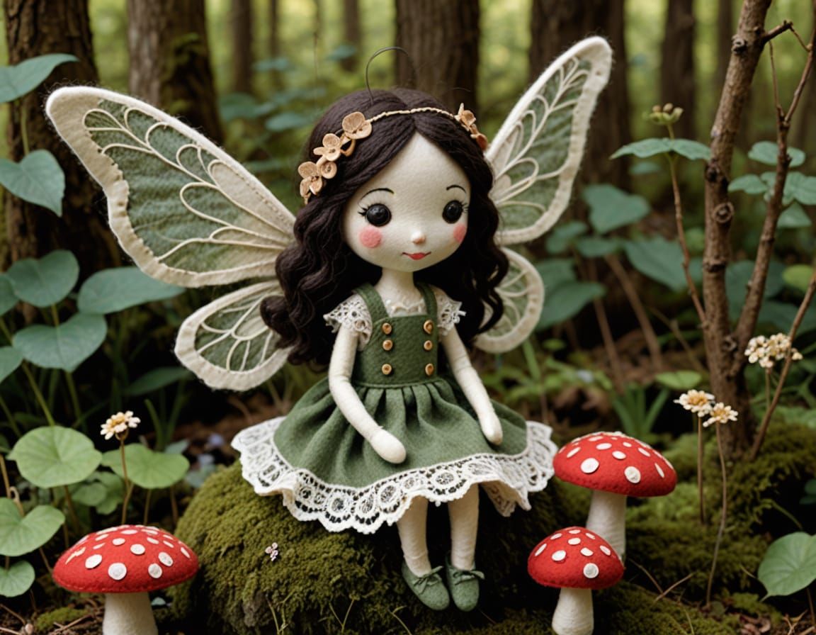 Whimsical Felt Puppet Fairy on Mushroom in Handcrafted Stop-...