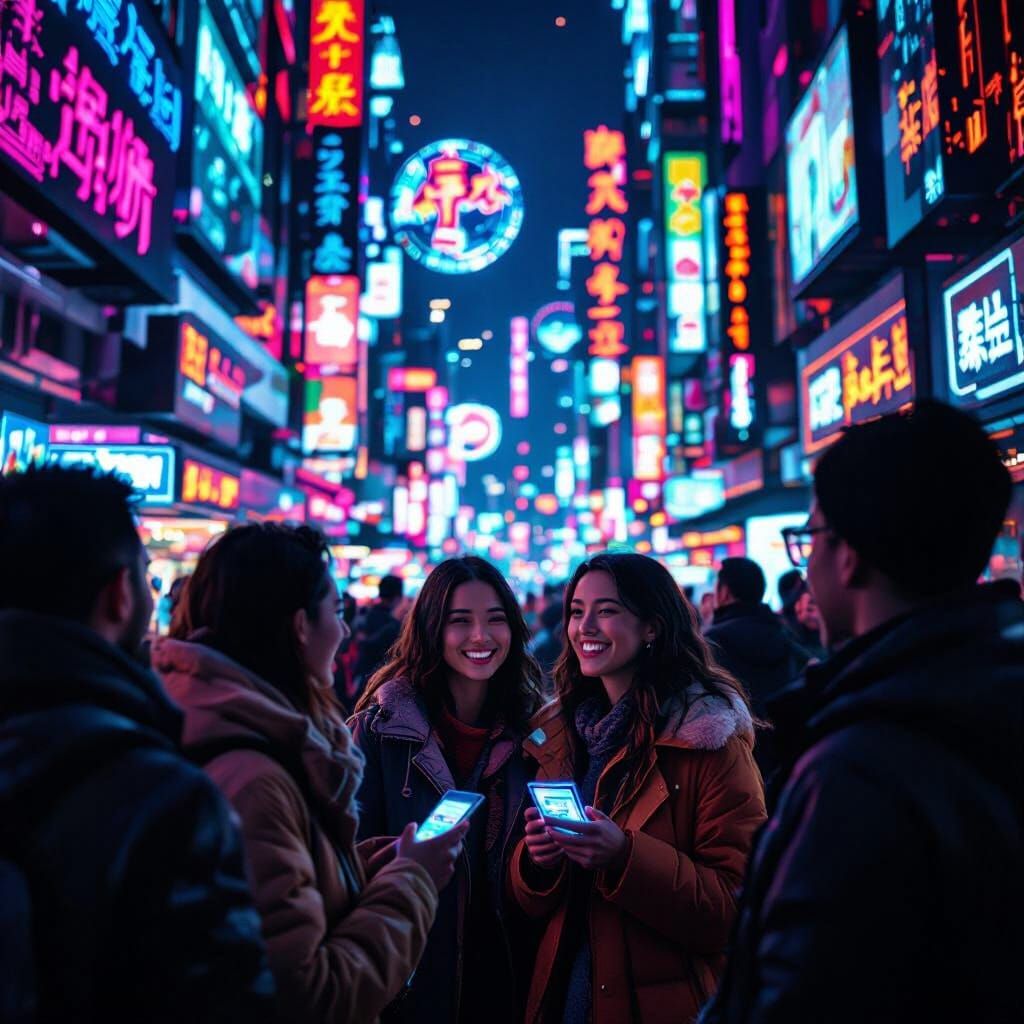 Future City Reunion in Vibrant Cyberpunk Style