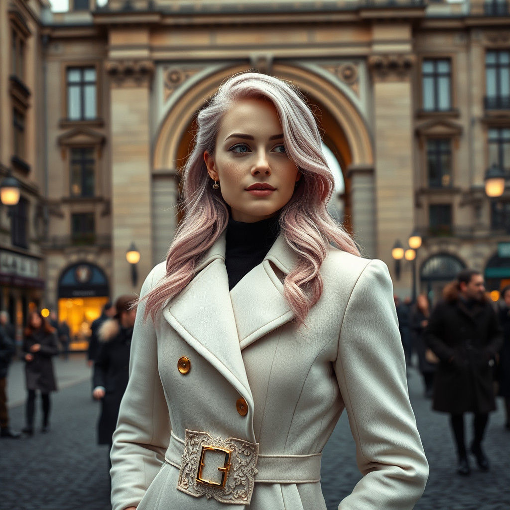 Woman with Pink Hair in European City, Matte Painting