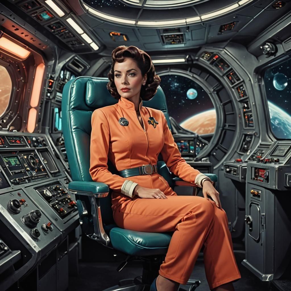 Retro Sci-Fi Captain in a Spaceship Interior
