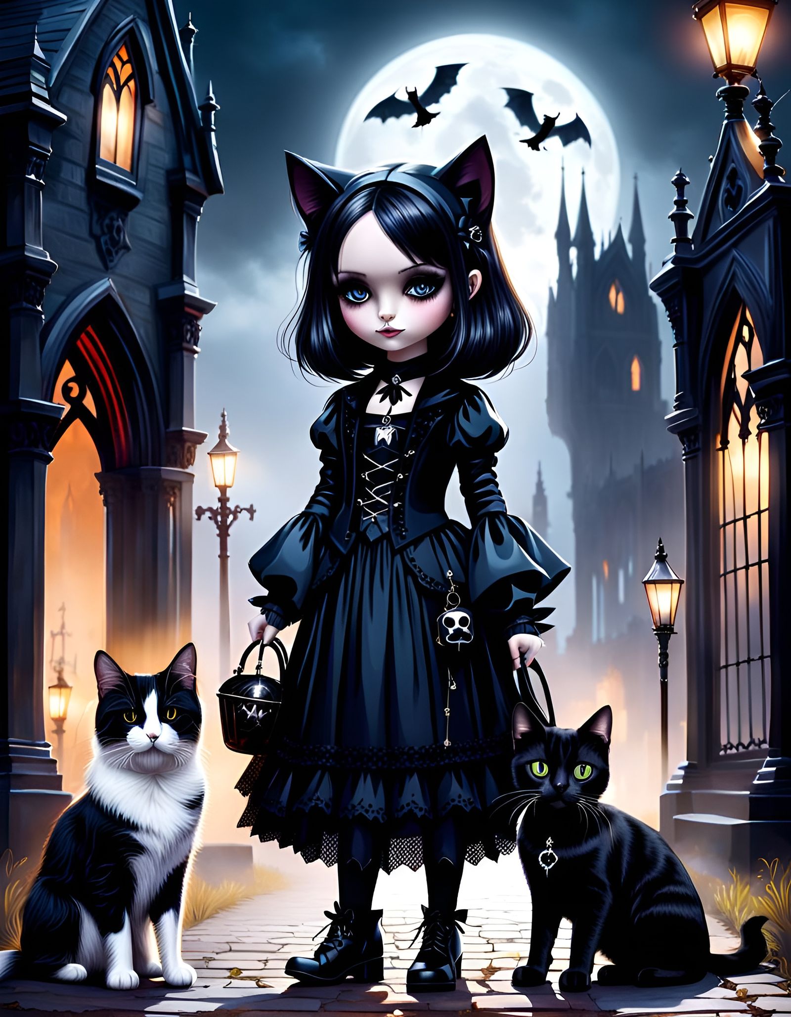 Mysterious Gothic Girl with Cat and Dog