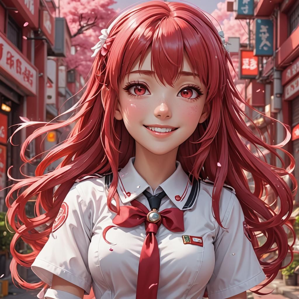 Smiling Red-Haired Girl in Shoujo Manga Style
