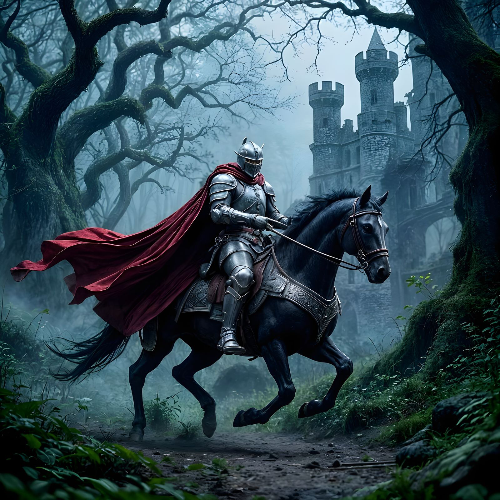 Knight Galloping Through Dark Enchanted Forest, 3D Render