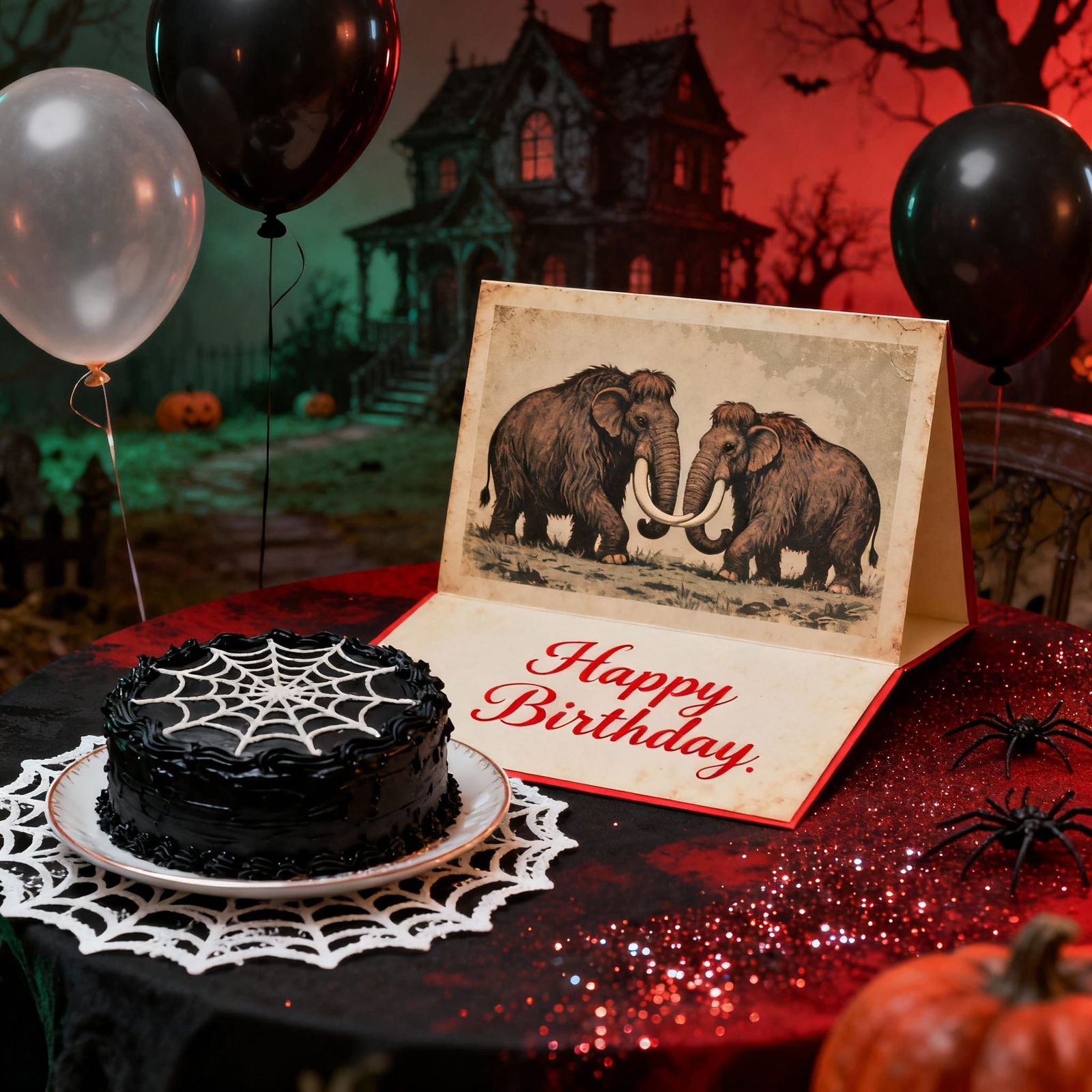 Open vintage birthday card sitting on table. On card two mam...