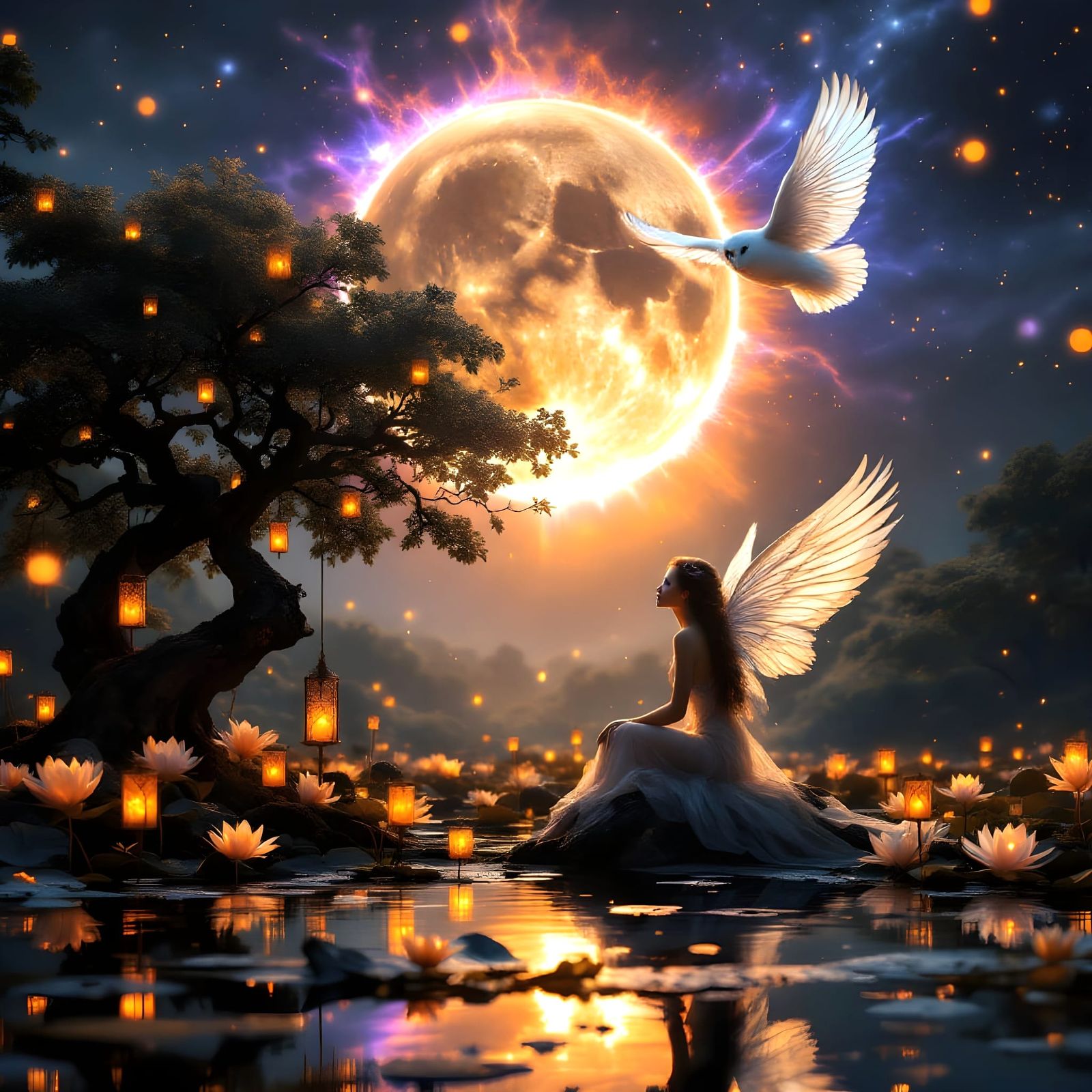 Ethereal Fairy in Dreamlike Waterlily Pond Scene