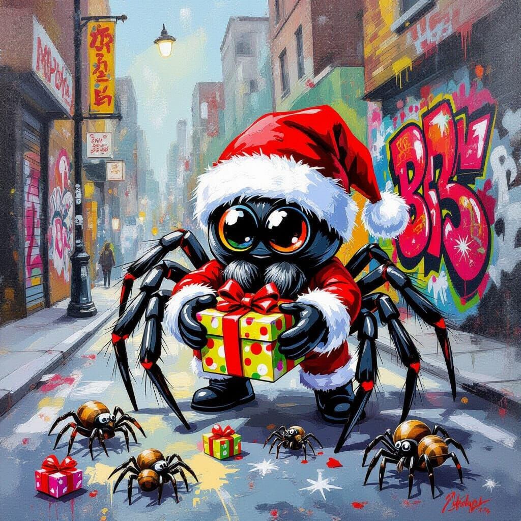 Spider Santa Delivers Gifts to Baby Spiders in Graffiti Art ...