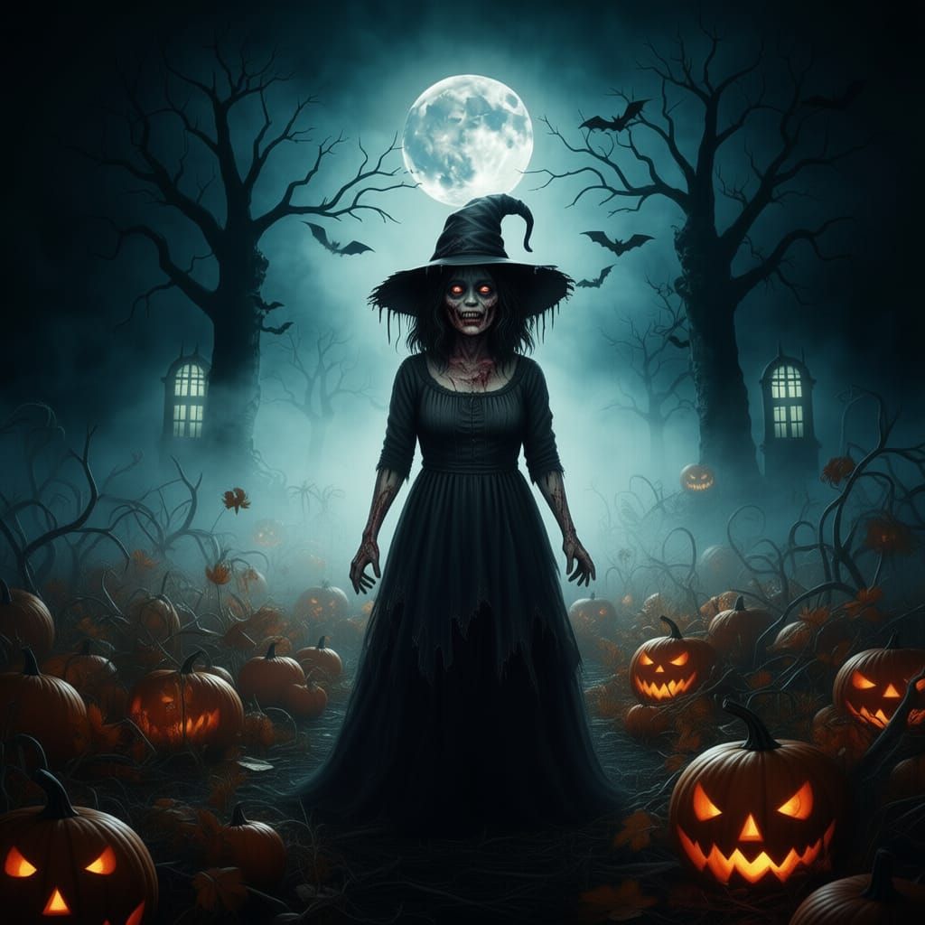 Zombie Girl Among Pumpkins