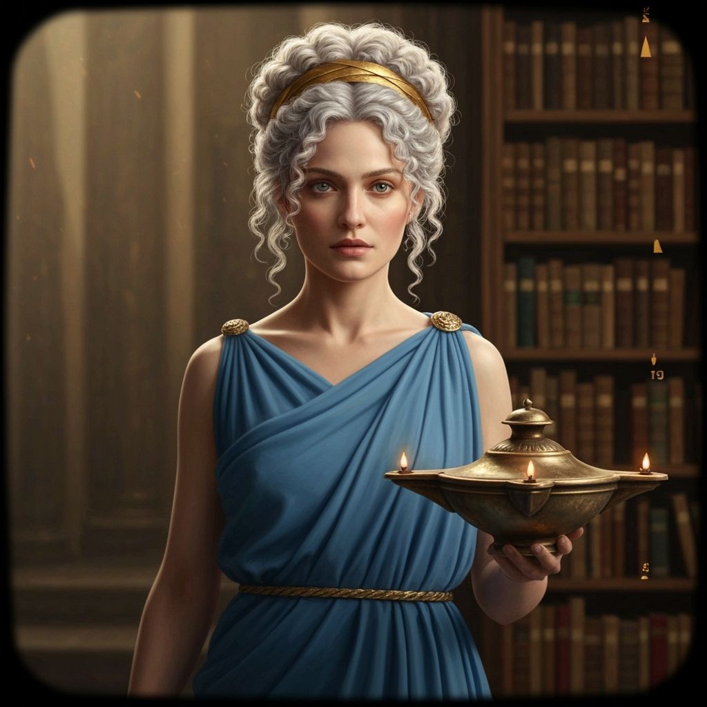 Regal Greek Woman Mnemosyne Holding Lamp in Library