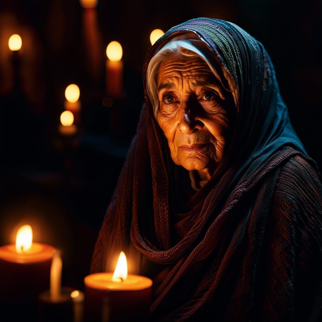 Dramatic Portrait of Old Arabian Woman with Candles