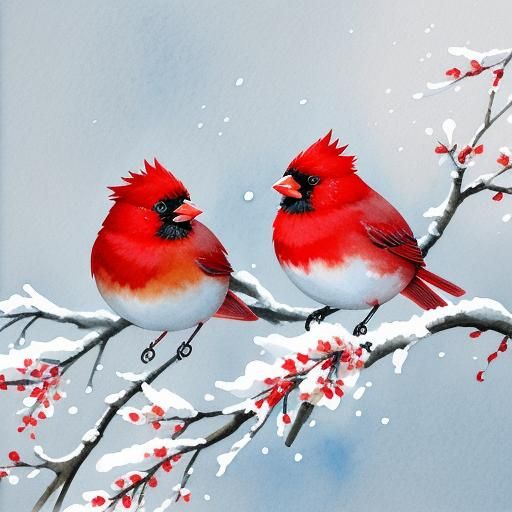 Red Cardinals on Blossom Branch in Gouache Style