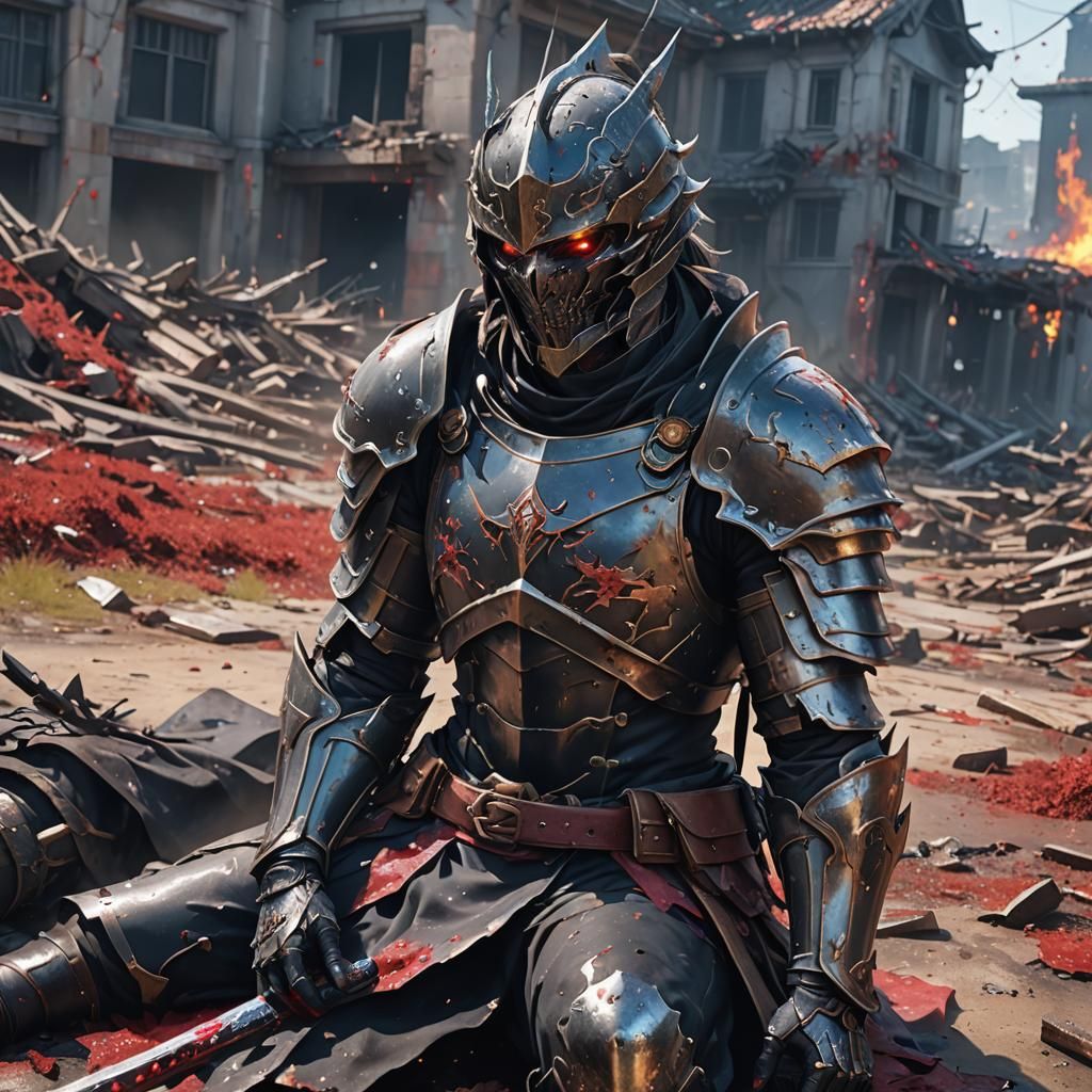 Dying Warrior on Battlefield in Anime Style