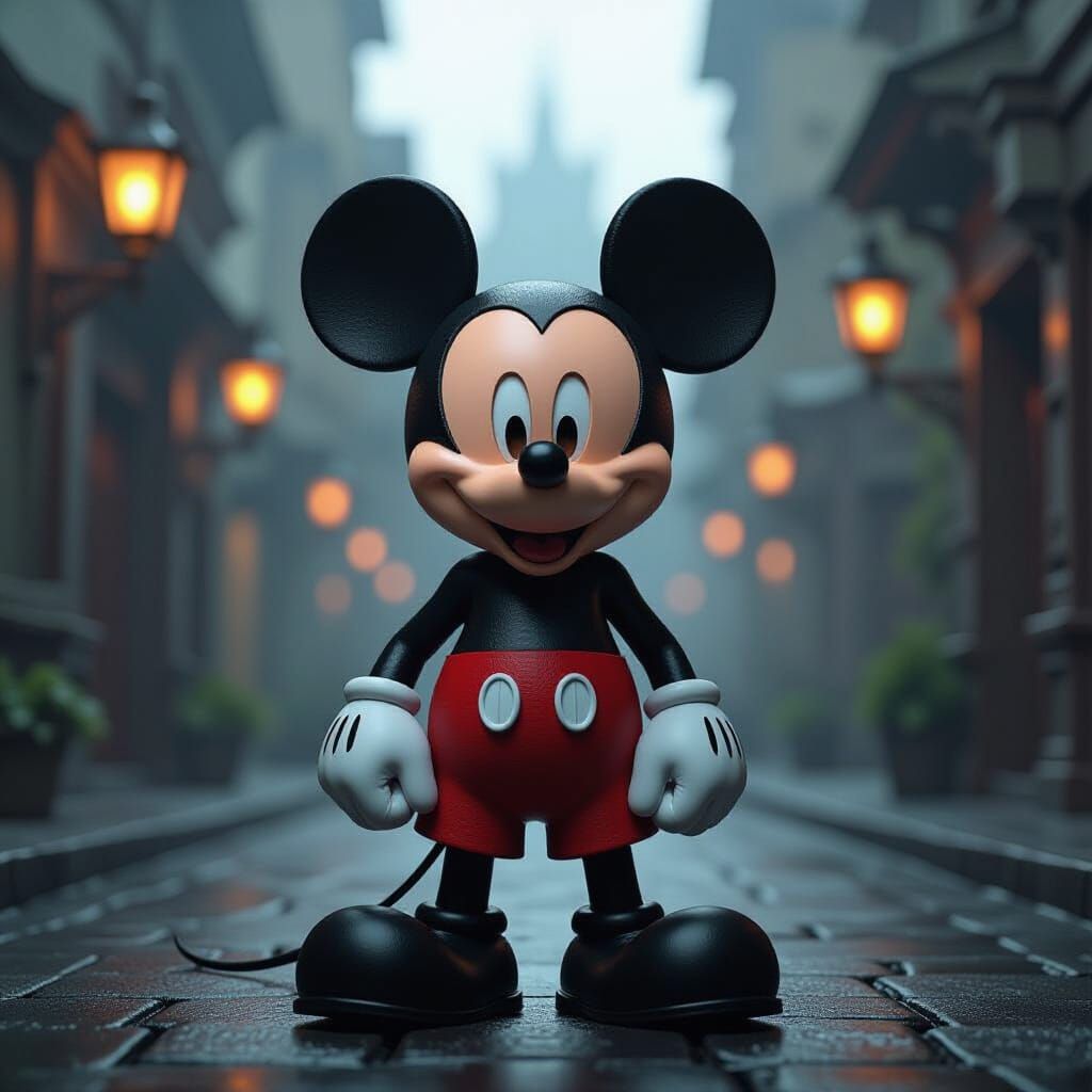 Ominous Mickey Mouse in Dark Fantasy Environment