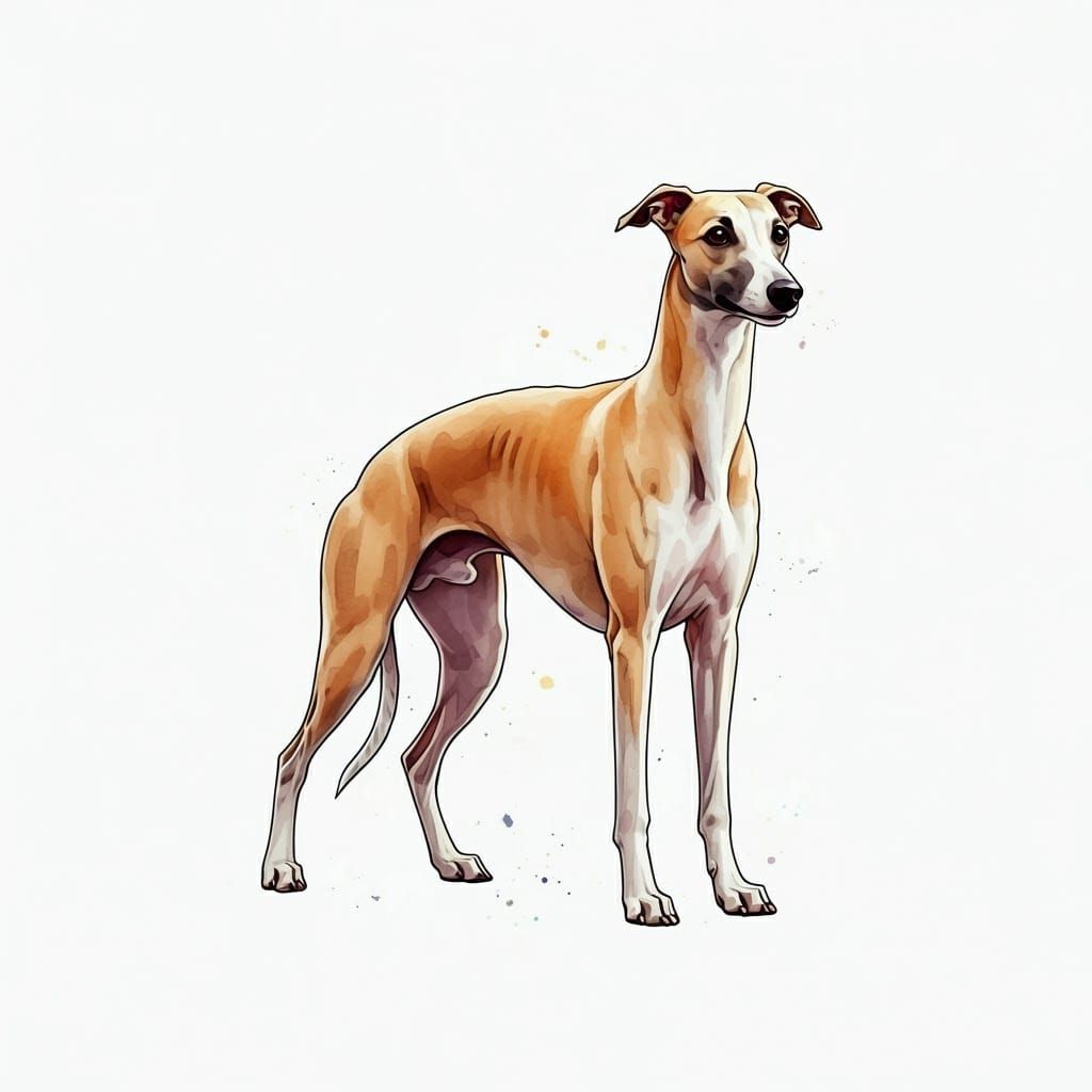 Happy Whippet Watercolor Painting on White Background
