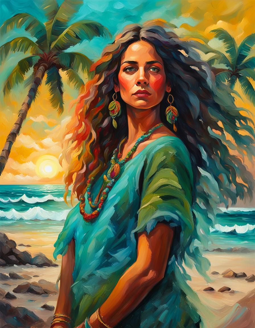 Bohemian Woman on Tropical Beach as Oil Painting