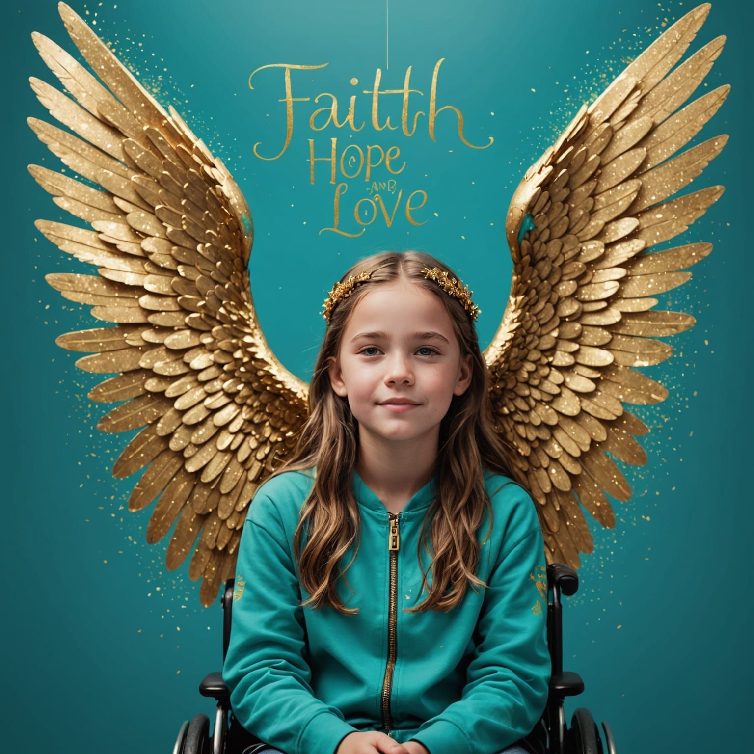 A young girl in a wheelchair with gold angel wings and on th...