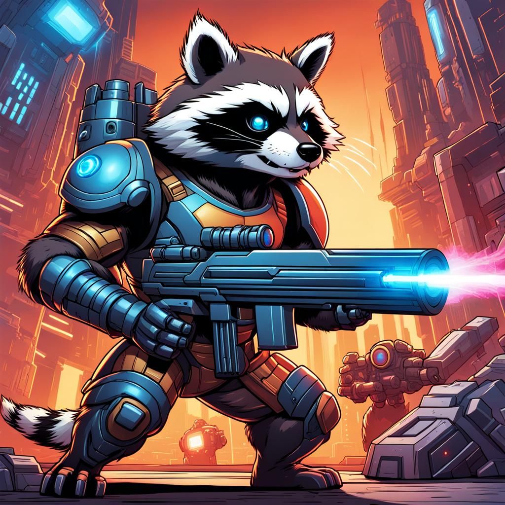 Sci-Fi Raccoon Warrior with Mega-Gun in Cyberpunk Style