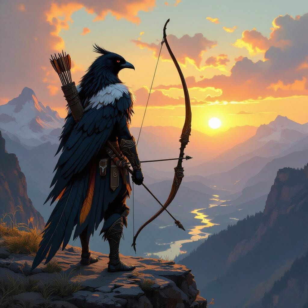 Bird-Human Warrior Overlooks Mountain Valley at Sunset