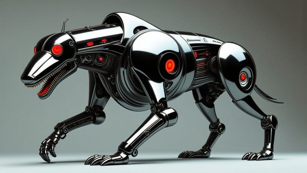 Hyper-Realistic Metallic Canine Robot with Red Glowing Eyes