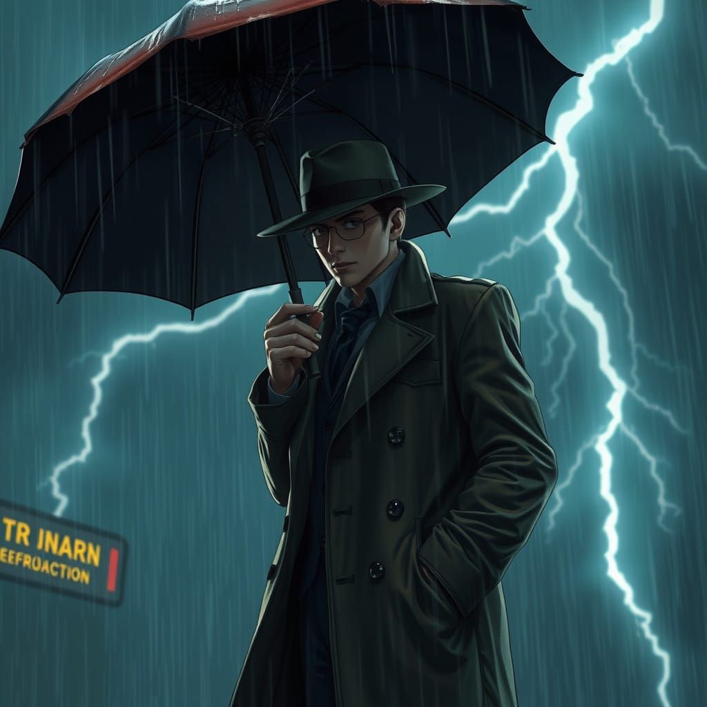 Noir Detective Under Rainy Umbrella in 3D Anime Style