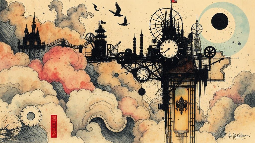 Steampunk Airship in Clouds Ink Splatter Art