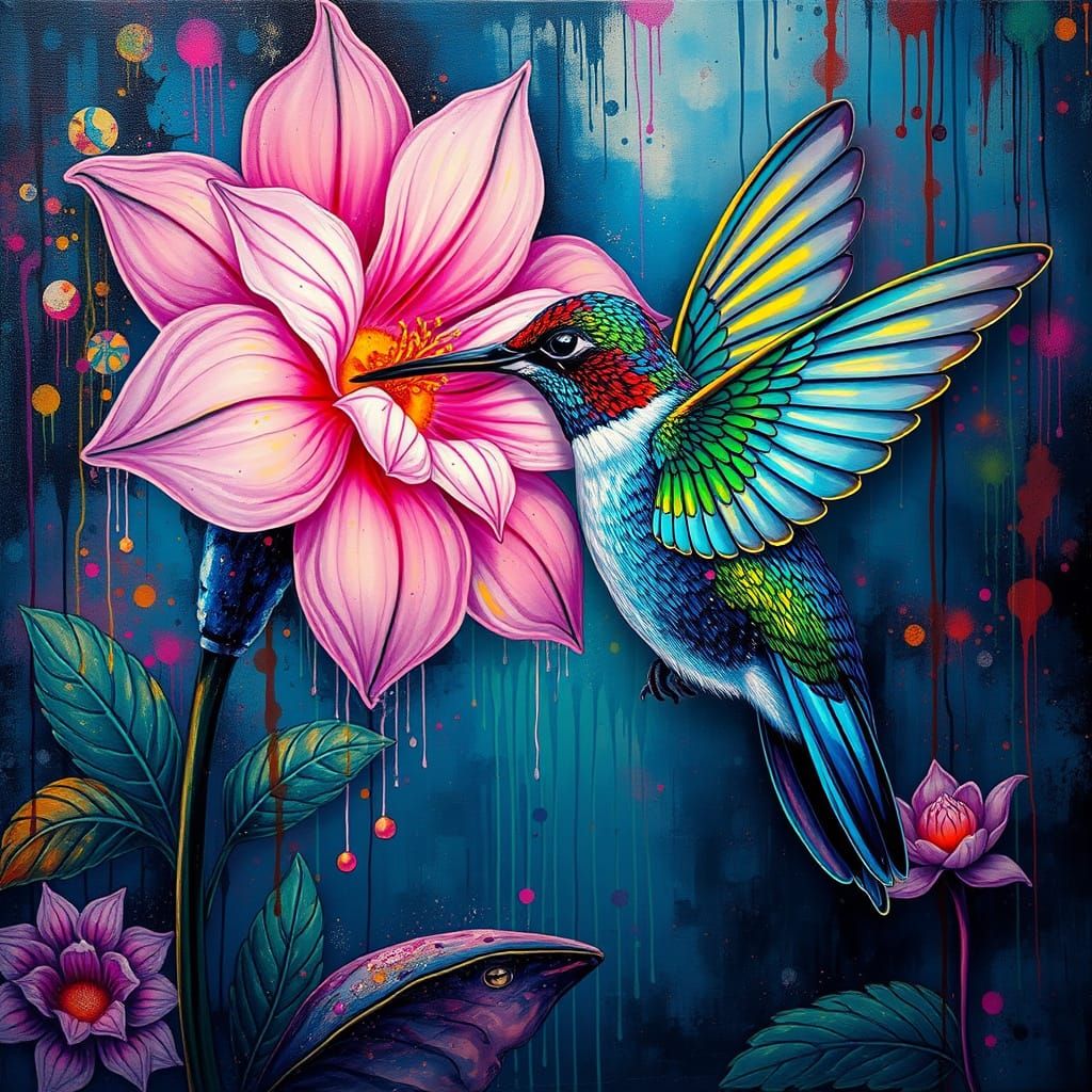 Surreal Hummingbird Amidst Vibrant Graffiti Garden Blooms