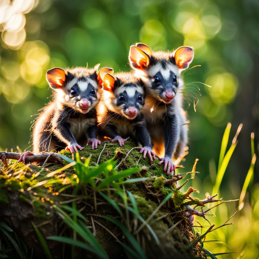 Cute Possum Family in Forest Glade
