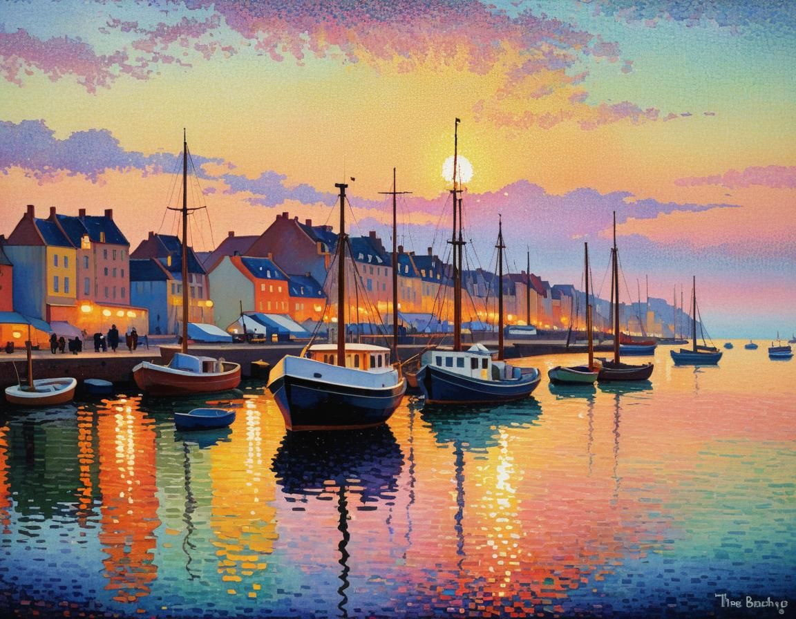 Sunset Harbor in Pointillist Style